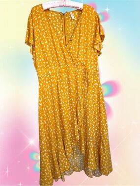 Xhilaration Mustard Floral Wrap Midi Dress Size Xl